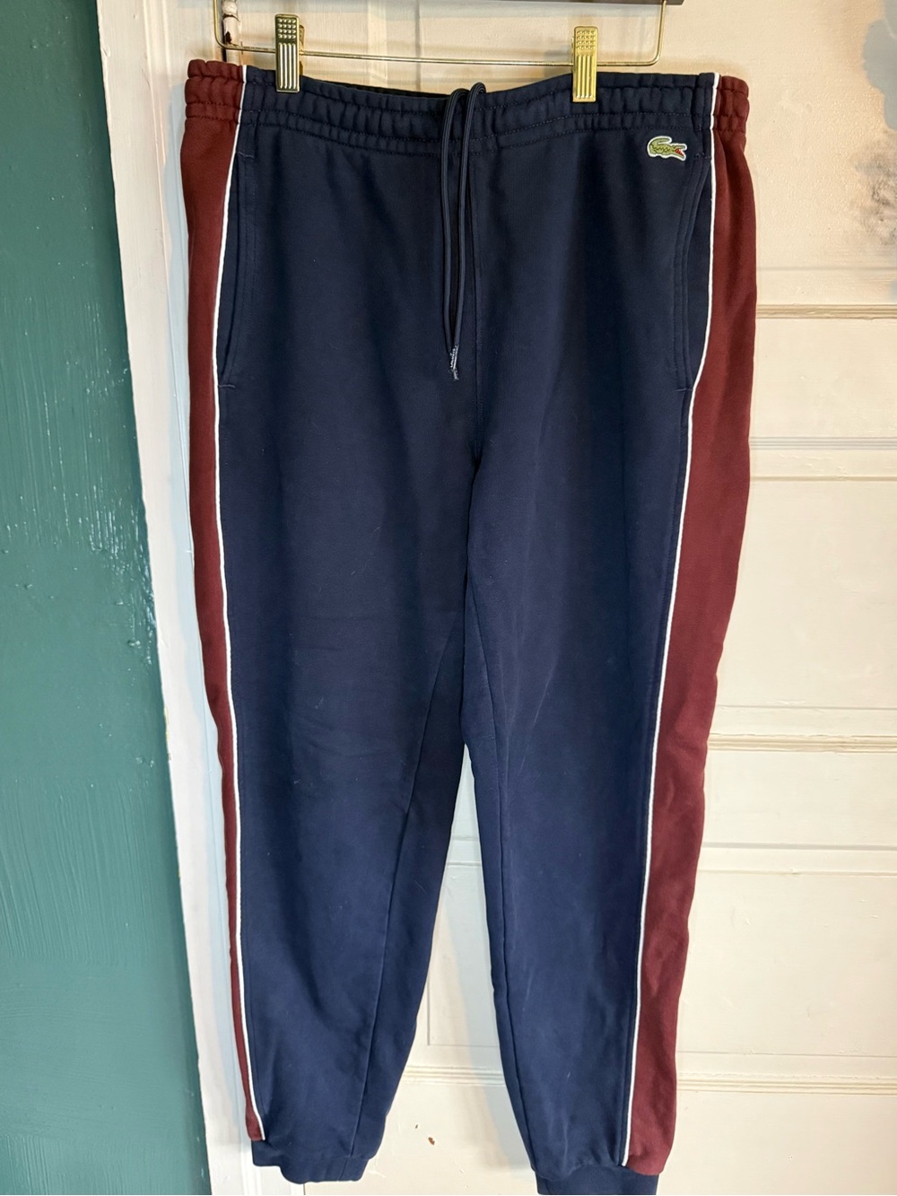Lacoste Mens Navy and Burgundy Side-Panel Joggers Size Medium